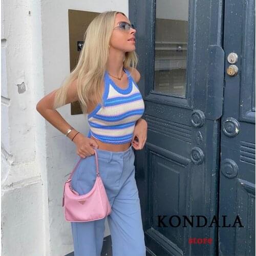 KONDALA Za 2021 Sexy Backless Striped Tanks Women Knitted Cotton V Neck Elastic Sim Girls Cami Tops Stylish Mujer Cropped Tops