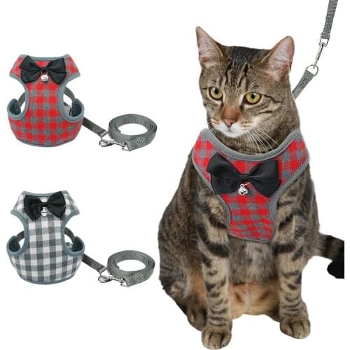 Cute Bowknot Nylon Cat Harness Breathable Mesh Bowtie Cat Kitten Dog Harness Pet Puppy Vest For Daily Walking Red Plaid