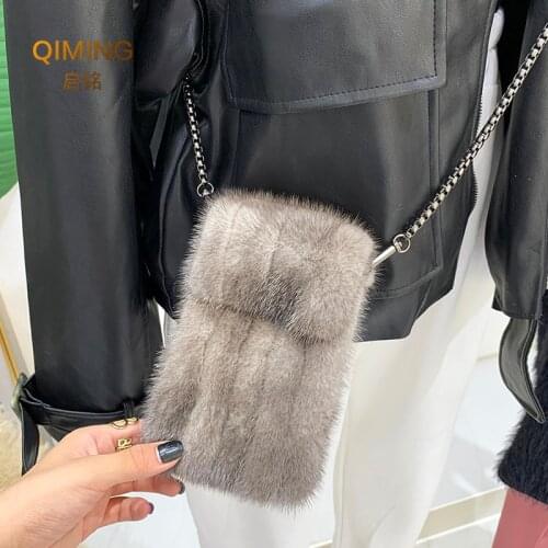100% Real Mink Fur Bag Crossbody Bags For Women Autumn Winter Plush Purses and Handbags Female Phone Shoulder Bag Girls Wallet