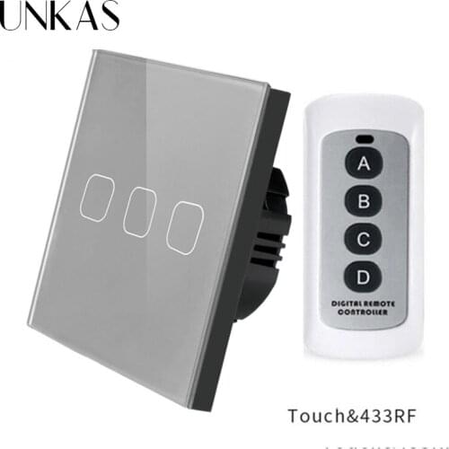 UNKAS EU/UK home lighting 3 Gang RF433 Remote Control Wall Touch Switch,Smart Home Wireless Remote Control Light Switch