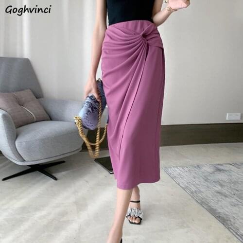 Office Lady Shirring Skirts Women Elegant Slender Mid-calf Solid Irregular Faldas Korean Style Ulzzang Leisure Streetwear Trends