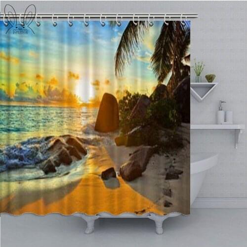 Seaside Decor Bathroom Curtain Sunset Sun Rays Palm Trees Stones Shadows Shower Curtain Polyester Fabric Bath Curtain Shower