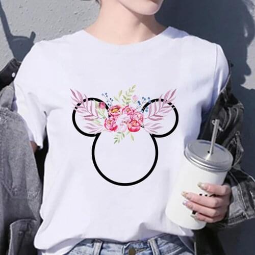Women T-shirts Exquisite Round Neck White T-shirt Femme Red Flowers Mickey Mouse Avatar Popular Funny Disney Autumn Clothes