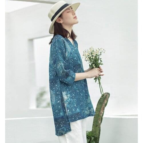 SCUWLINEN 2020 Summer Autumn Women Tops Retro Print V-neck Zen Three Quarter Sleeve Loose Lace Pullover Ramie Shirts S1096