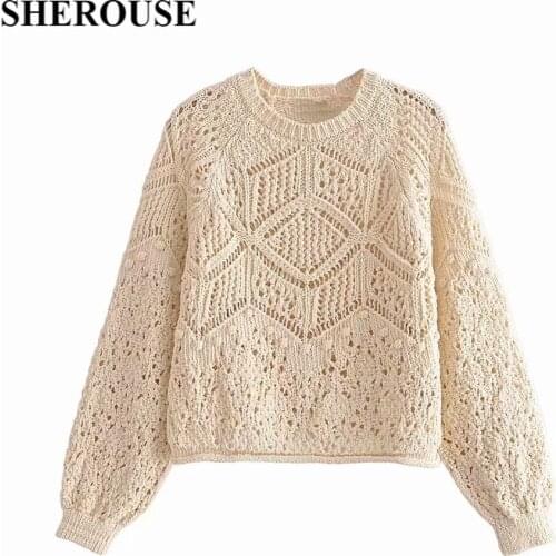 SHEROUSE Fashion Women Knit Pointelle Sweater Top Long sleeves O-Neck Casual Knitwear Woman Knitted sweaters Pullover Tops