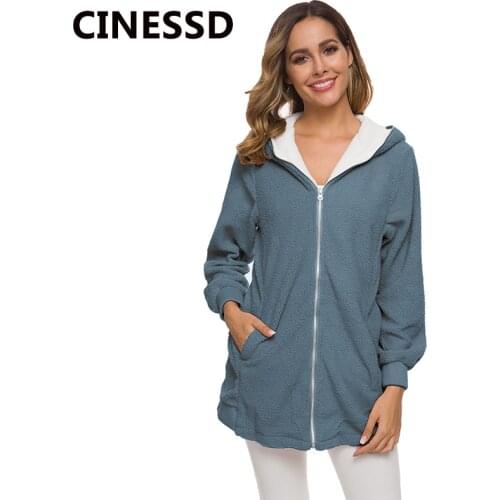 CINESSD Thin Lamb Wool Autumn Winter Women Coat Jackets Hooded Long Sleeve Zipper Up Pocket Casual Cardigan Plush Coats 12 Color
