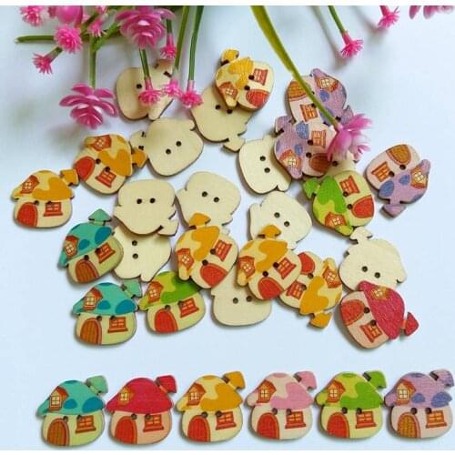 50PCs House Buttons Mixed Color Wooden Button Two Holes DIY Scrapbooking Accessories Sew Crafts For Kid 25x23mm