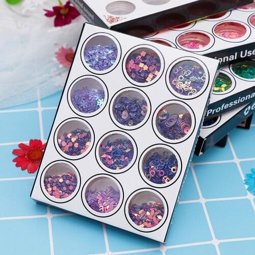 12Pcs Laser Purple Nail Glitter Sequins Acrylic 3D Colourful Holographic Flakes UV Gel Polish Manicure Tips Nail Art Decoration