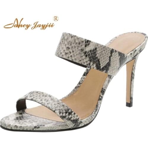 Snake Print PVC Slip On Open Toe Sandals Woman High Thin Heels Stilettos Large Size 12 13 For Ladies Beautyfeet Fashion Mature