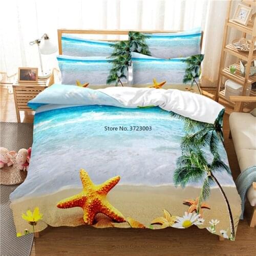 3D Beach Sea Sky Coconut Tree Printed Bedding Set Natural Scenery Down Quilt Cover Pillowcase Single Double Queen Size Beds