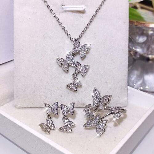 Cute 925 Sterling Silver Classic Dazzling Zirconia Butterfly Necklace+Earrings+Ring Jewelry Sets for Women Wedding Jewelry