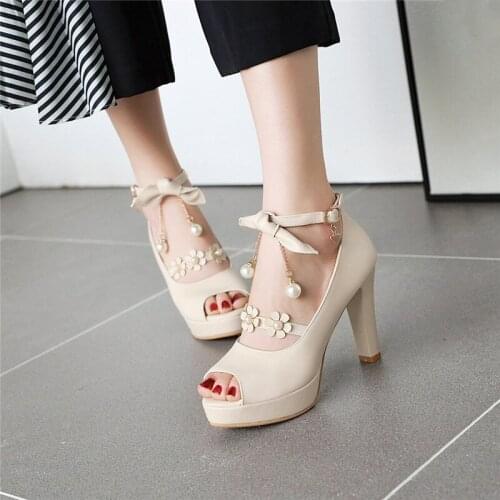 YQBTDL Fashion Spring Extreme High Heels Party Shoes Peep Toe Sweet Flower Bowtie Ankle Strap Pink White Platform Women Pumps