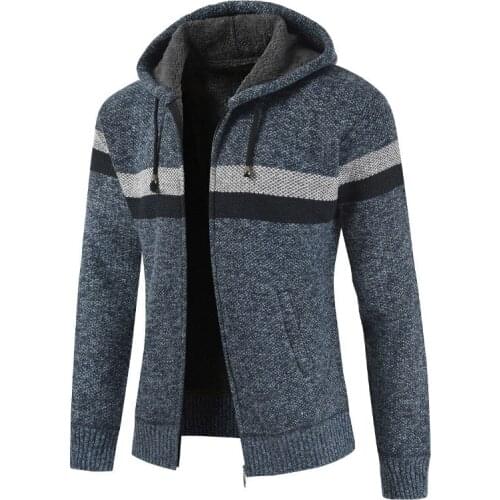 Men Winter Hooded Cardigan Sweater Man Warmth Stripe Knit Coat Fashion Wild Simple Striped Sweater Casual Plus Velvet Sweater