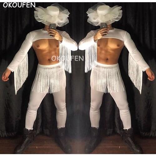 Nightclub bar men and women DS white Christmas New Year tassels theme sexy party costumes dance team