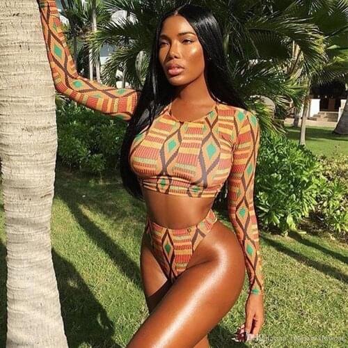 Newest arrival Women Long Sleeve Swimsuit Floral Print Swimwear High Waist Beachwear Push-up Padded Bathing Suit