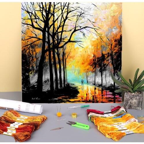 Autumn Stroll Black And White Printed 11CT Cross Stitch DIY Embroidery Patterns DMC Threads Painting Sewing Different