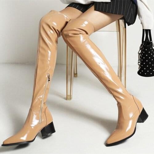 Pointy Toe Med Chunky Heel Boots Long Sexy Ladys Patent Leather Winter Thigh High Boots Side Zip Women Shoes