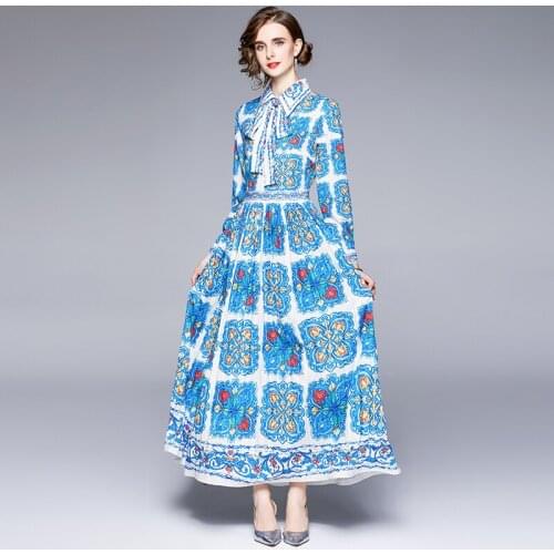 Blue And White Porcelain Maxi Dresses For Women 2021 Long Sleeve Floral Print Elegant Bow Belt Party Pleated Vestidos