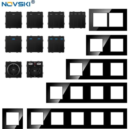 Glass Panel Rocker Switch Black, Free Combination Wall Socket, German USB Port,Hybrid Multi-frame Switch Socket 16A Plug, NOVSKI