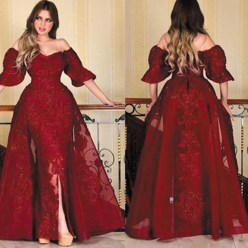 SuperKimJo Avondjurken Arabic Prom Dresses 2020 Burgundy Beaded Applique Sparkly Detachable Skirt Prom Gown 2021