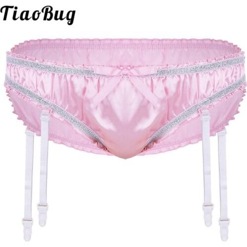 TiaoBug Mens Lingerie Shiny Stretchy Satin Ruffle Hot Sissy Sexy Men Briefs Underwear Erotic Panties Underpants with Garters