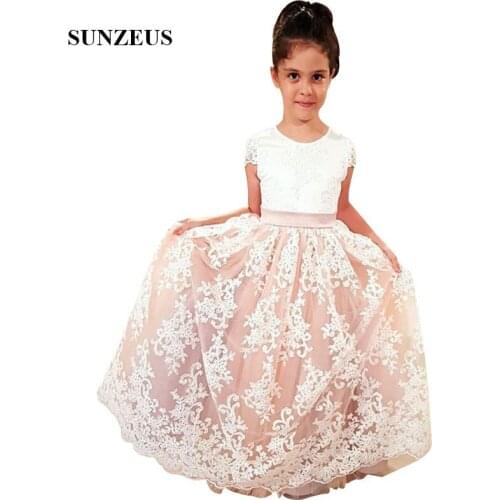 A-line Cap Sleeves Appliques Flower Girl Dresses For Wedding Long Tulle Children Party Dress For Kids