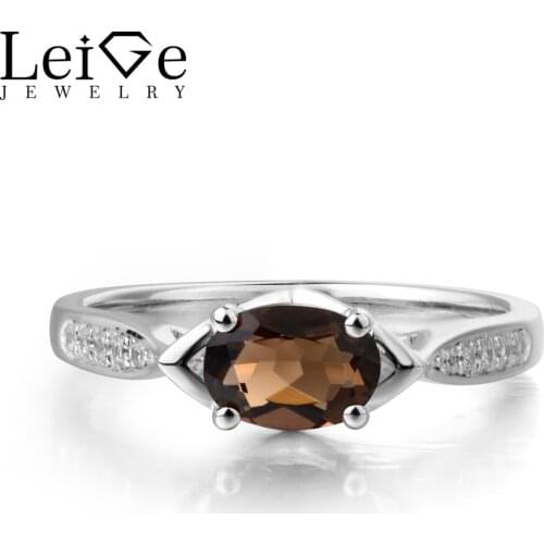 Leige Jewelry Natural Smoky Quartz Ring Promise Ring Solid 925 Sterling Silver Brown Gemstone Ring Vintage Wedding Gifts for Her
