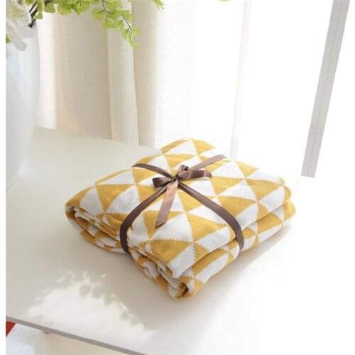 Yellow Geometric Blanket 100%Cotton Knitted Blandets Gray Blue Throw On Sofa Office Car Adult Knee Cover Modern Home Textile