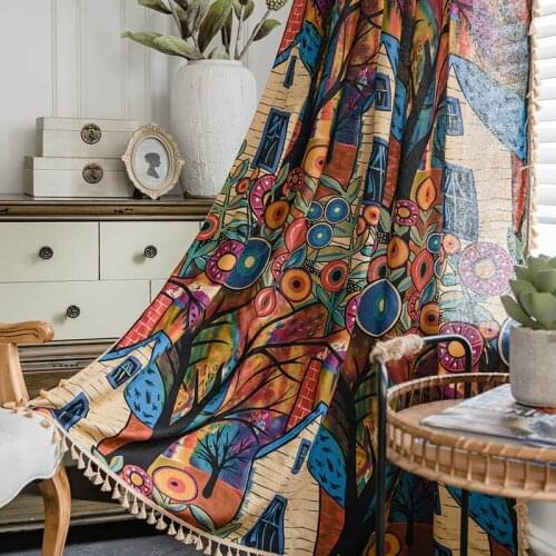 Bohemian Art Printed Colorful Cartoon House with Tassels Bedroom Curtain Semi-shading Bay Window Brown Tassel Finished Curtain#5