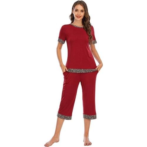 Women Patchwork Casual Pajamas Set Short Sleeve Tops and Pants Fashion Pajamas Set