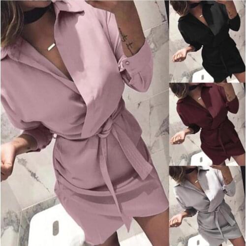 Fashion womens dress long-sleeved lapel tie casual shirt dress 5 color mini office dress high quality youth elbise sukienki