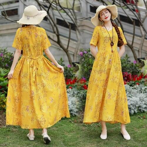 2020 Womens Summer New Art Retro yellow floral Print cotton and linen long Loose Slim Dress v678