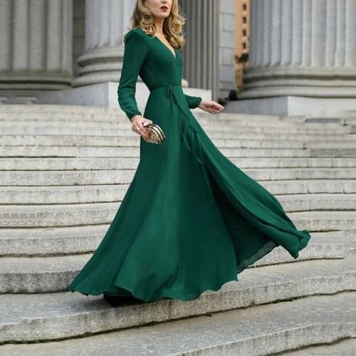 2021 Hot Sale 3-Color Ladies Sexy V-Neck Long-Sleeved Formal Dress With Large Hem Bandage Office Ladies Banquet Dress