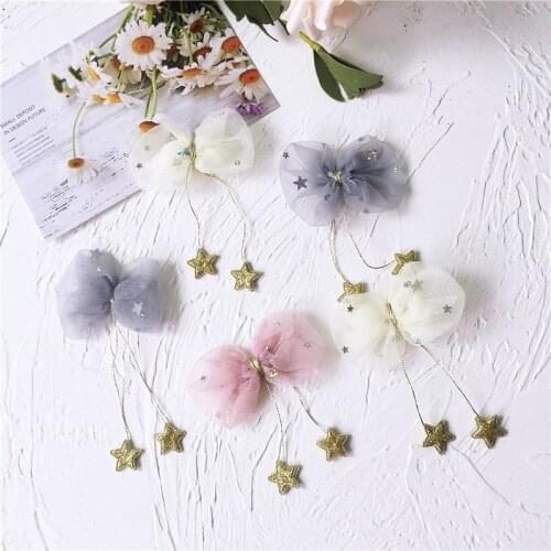 6*11cm 10pcs/lot mesh fabric bowknot hang star for DIY handmade childrens Headdress accessories without clip on the back side