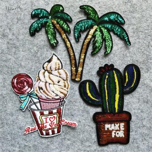 Sequins Plant parches Embroidery Iron on Ppatches for Clothing DIY Tree Cactus Stripes Clothes Cute Ice cream Stickers Appliques