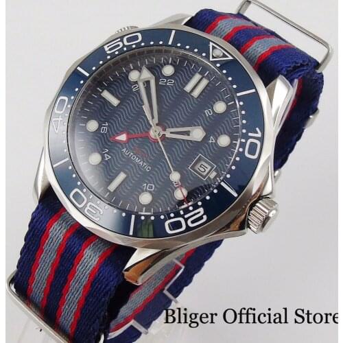 BLIGER Brand Steel Mechanical Male Wristwatch Nylon Band GMT Date Screw Crown Ceramic Bezel Insert
