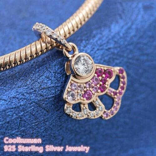 100% 925 Sterling Silver Rose Gold Pink fan Pendants Charm beads Fits Original Pandora bracelets Jewelry Making