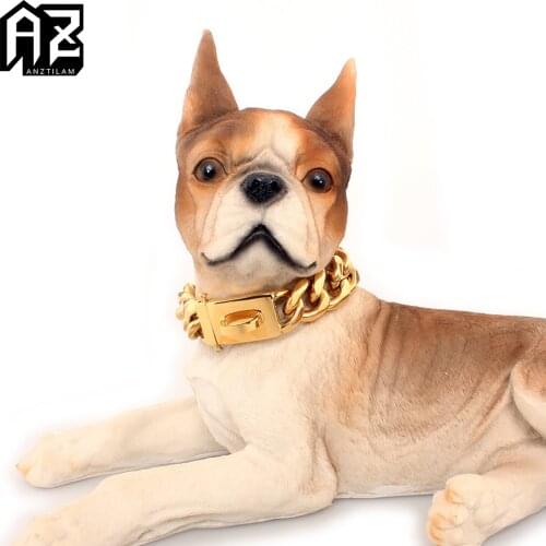 AZ 19mm Gold Color 316L Stainless Steel Pet Chain Necklace for Dog Strong Metal Links Chain Training Collar for Big Breeds