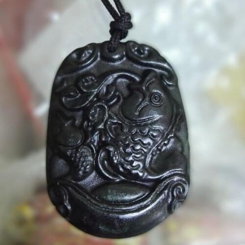Black Green chalcedony Two Fishs Amulet Pendant NO. 020