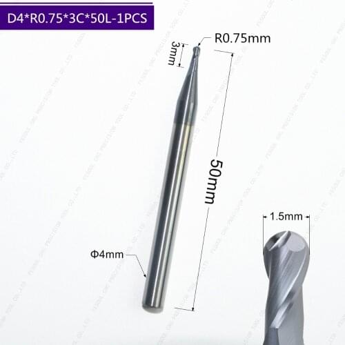 D4*R0.75*3C*50L-1PCS,Freeshipping HRC45 2 Flute ball nose CNC solid carbide end mill,Tungsten steel Tialn Coating milling cutter