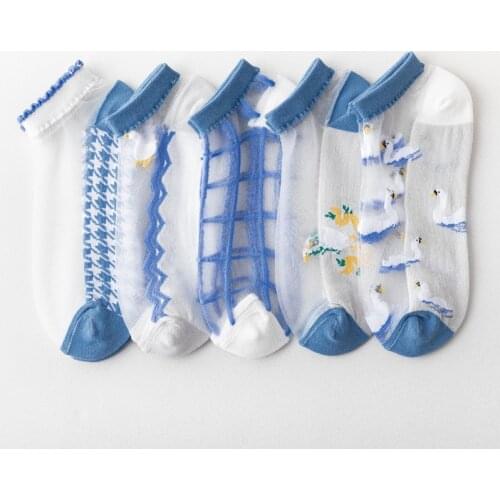 5Pair Summer Mesh Socks Women Thin Casual Transparent Cute Blue Check Series Kawaii Mori Girl Ultrathin Glass Silk Sheer Socks