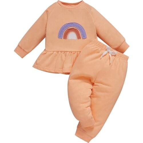 2021 0-4Y Sweet Kids Baby Girl Clothing Set Rainbow Patch Long Sleeve Ruffle T-shirt+Pants Soft Cotton Toddler Fall 2pcs Outfits