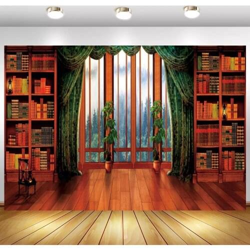 Old Bookshelf Wood Floor Photography Background French Window Curtain Room Decoration Backdrops For Photo Studio