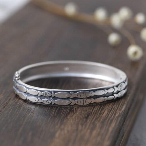 FNJ Lucky Fish Bangle 990 Silver Original Pure S990 Sterling Silver Bangles for Women Fine Jewelry