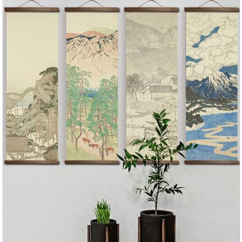 Japanese Style Ink Landscape Alpine Canvas Decorative Bedroom Living Room Wall Art Posters Chinese Solid Wood Scroll Paintings