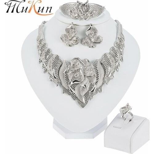 Nigerian Wedding African Costume Jewelry Set African Bridal Wedding Silver Color Necklace Earrings Bracelet Ring Set for Women