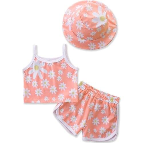 Summer Toddler Baby Girls Set 3pcs Cotton Sleeveless Vest + Shorts + Hat Casual Kids Suits Clothes