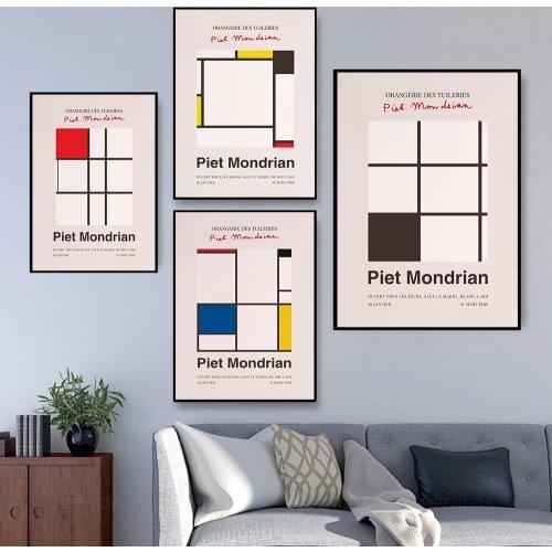 Piet Mondrian World Famous Geometric Colorful Line Exhibition Poster Prints Canvas Painting Wall Art Pictures Home Decoration
