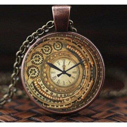 New Fashion Steampunk Clock Glass Cabochon Necklace Retro Pendants Handmade Jewelry