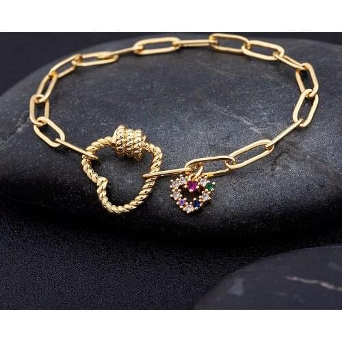 New Trendy Rainbow Crystal Heart Bracelets For Women Girls Link Chain Adjustable Copper Gold Color Charm Pendant Bangles Jewelry